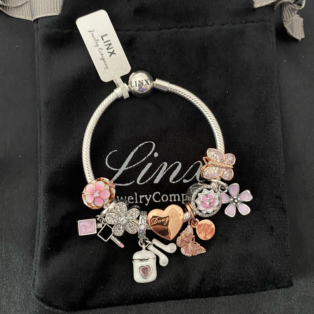 Linx Snake Chain Bracelet With Pink Rose Gold And Silver Daughter Themed Charms
